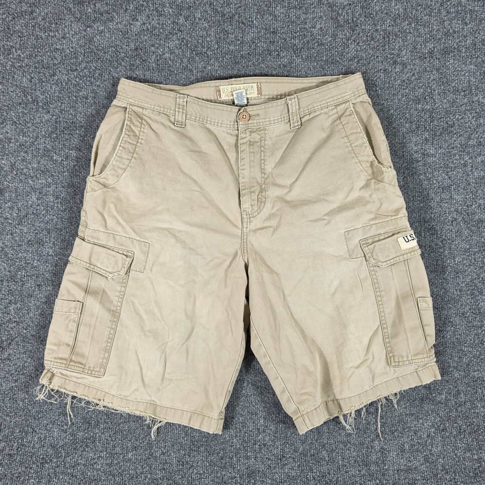 US Polo Assn Men Cargo Shorts Khaki Tan Distressed Raw Hem Size 34 Cotton Rugged